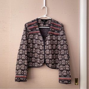 Forever 21 bohemian geo aztec embroidered and quilted open jacket